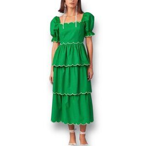 English Factory S Green Scallop Tiered Maxi Dress Puff Sleeve Fairy Cottagecore